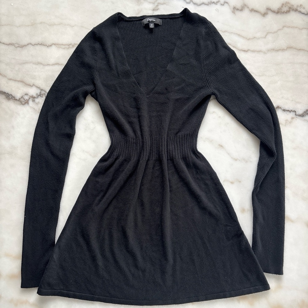 EXPRESS Ribbed Long Sleeve Sweater Dress/ Shirt Flare Fit V-Neck Babydoll Size M